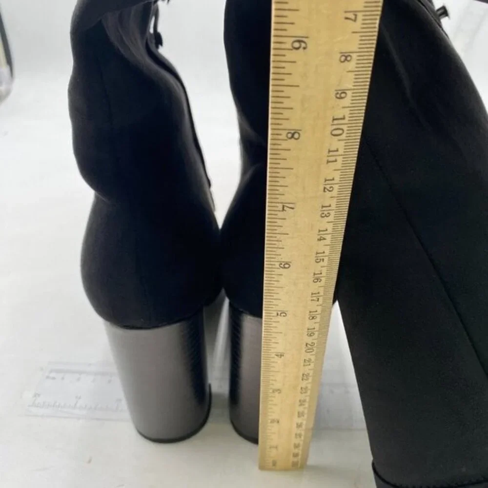 Black Women Vintage Knee High Chunky Heel Boots Lace-up Suede Calf-High Booties